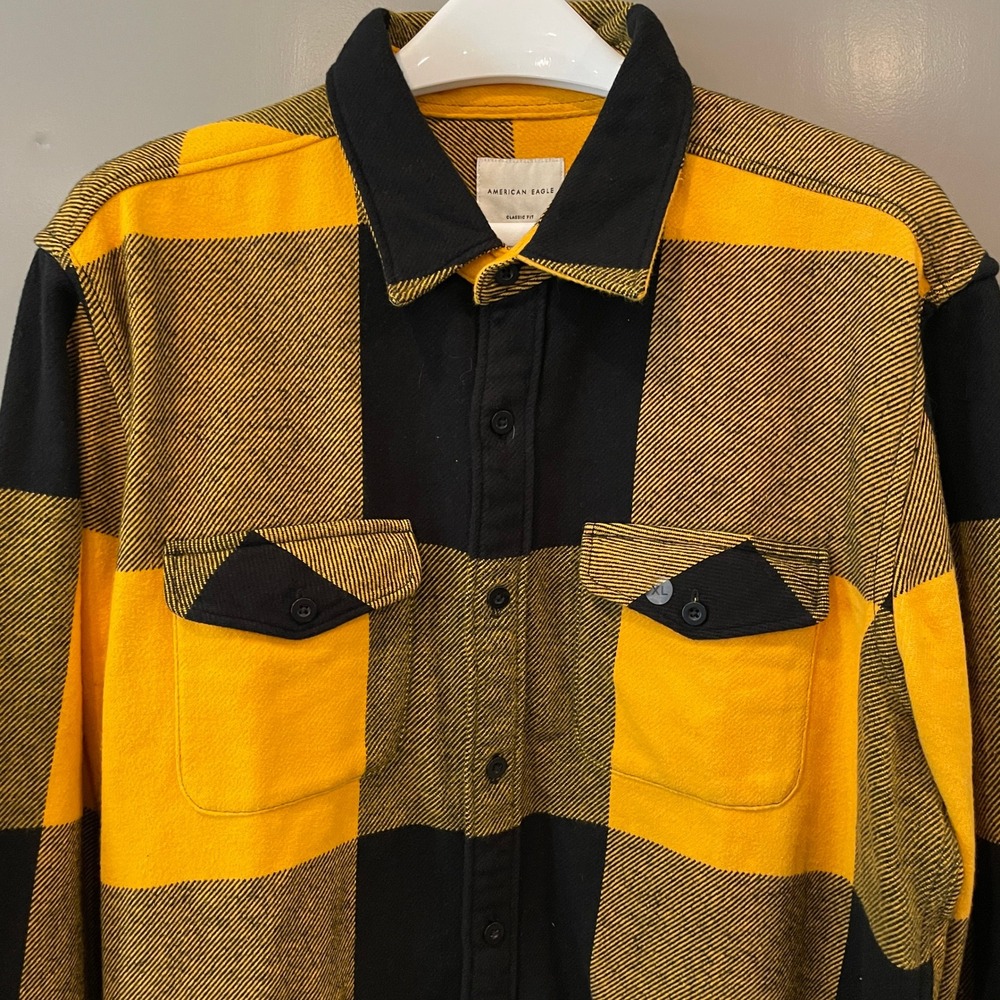 American Eagle Mens XL Flannel Shirt Yellow Black Buffalo Plaid Classic Fit
